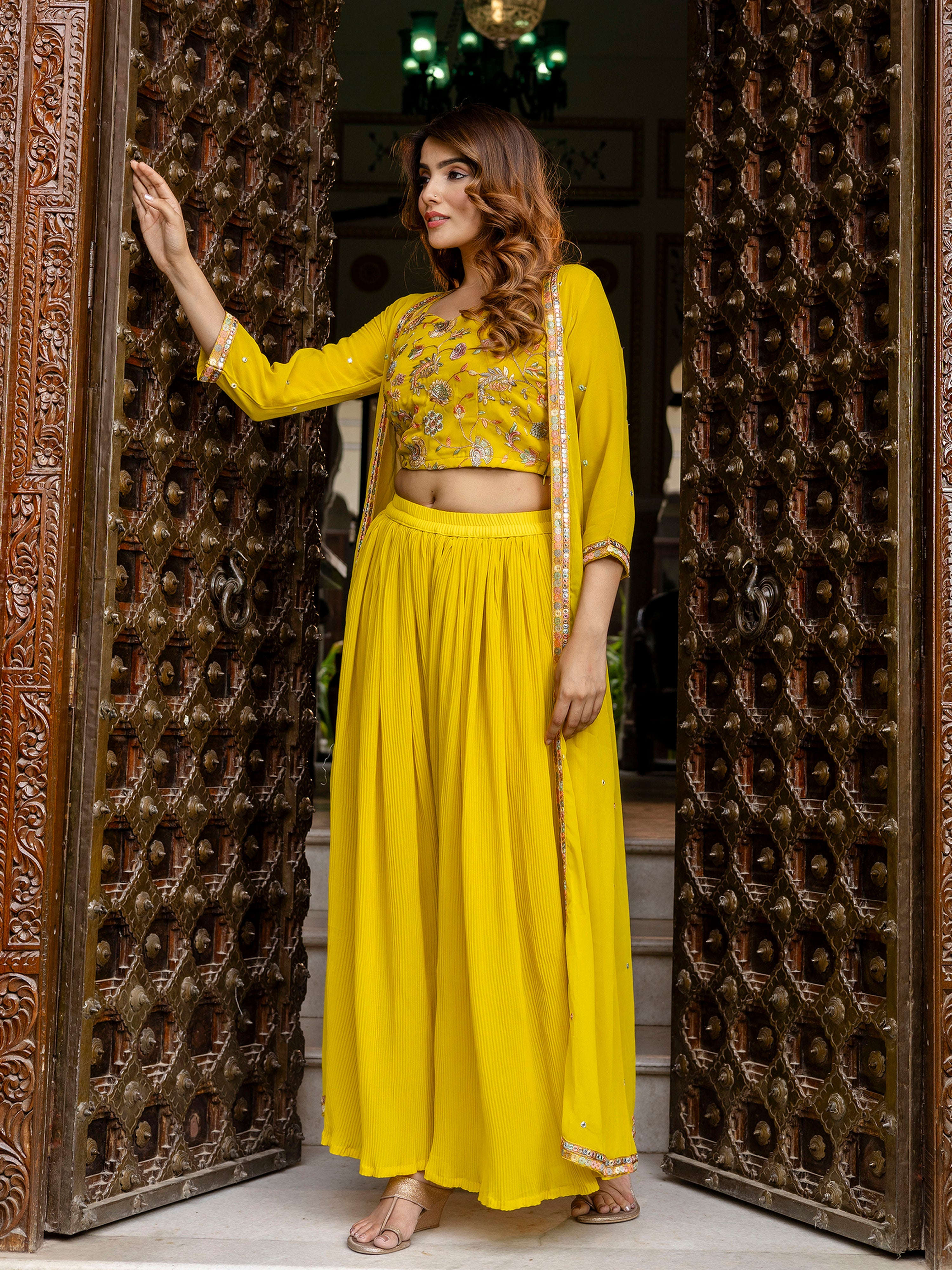 Women's Georgette Embroidery Crop Top with Flared Pleated Palazzo and Shrug Set Trendmallsin