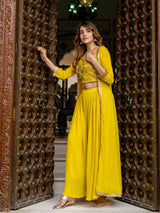 Women's Georgette Embroidery Crop Top with Flared Pleated Palazzo and Shrug Set Trendmallsin