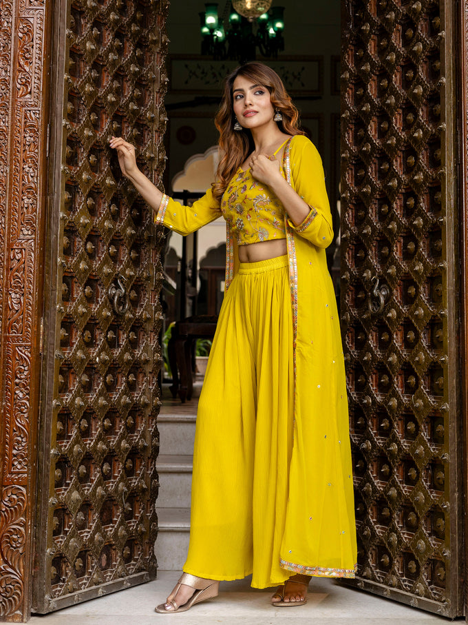 Women's Georgette Embroidery Crop Top with Flared Pleated Palazzo and Shrug Set Trendmallsin