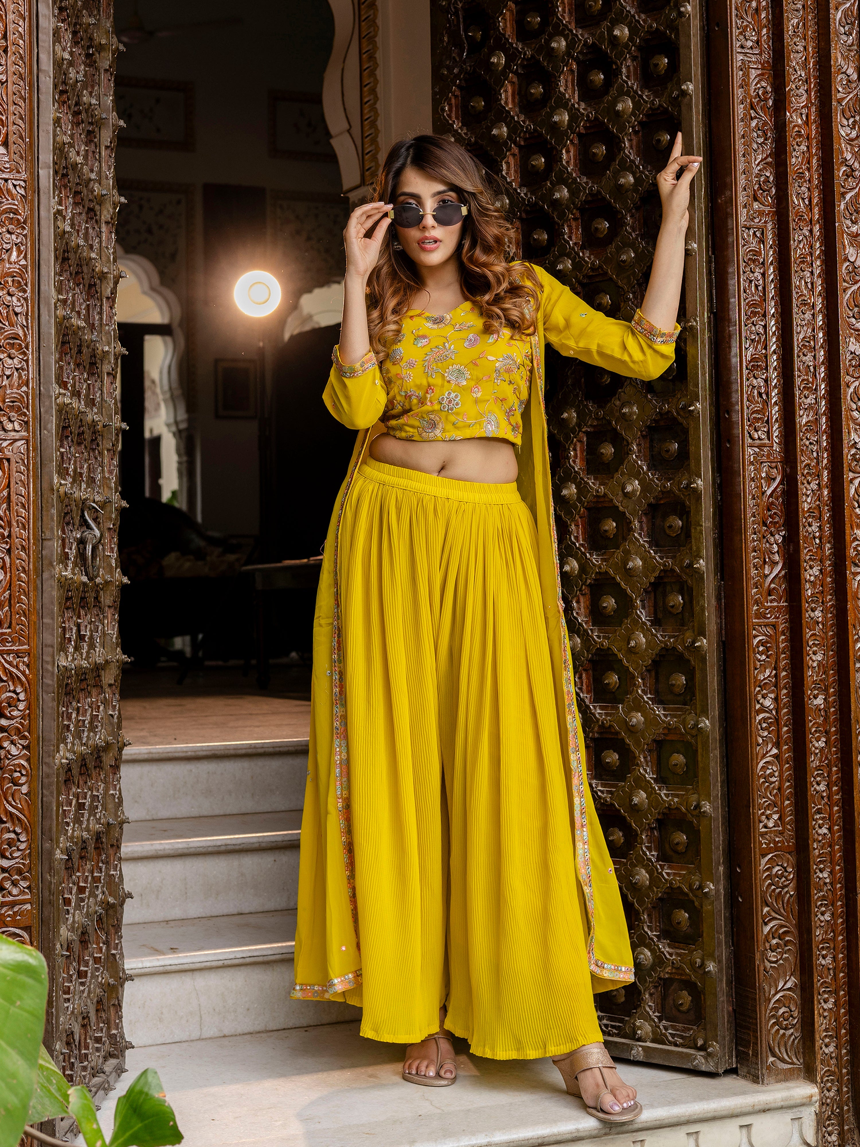 Women's Georgette Embroidery Crop Top with Flared Pleated Palazzo and Shrug Set Trendmallsin