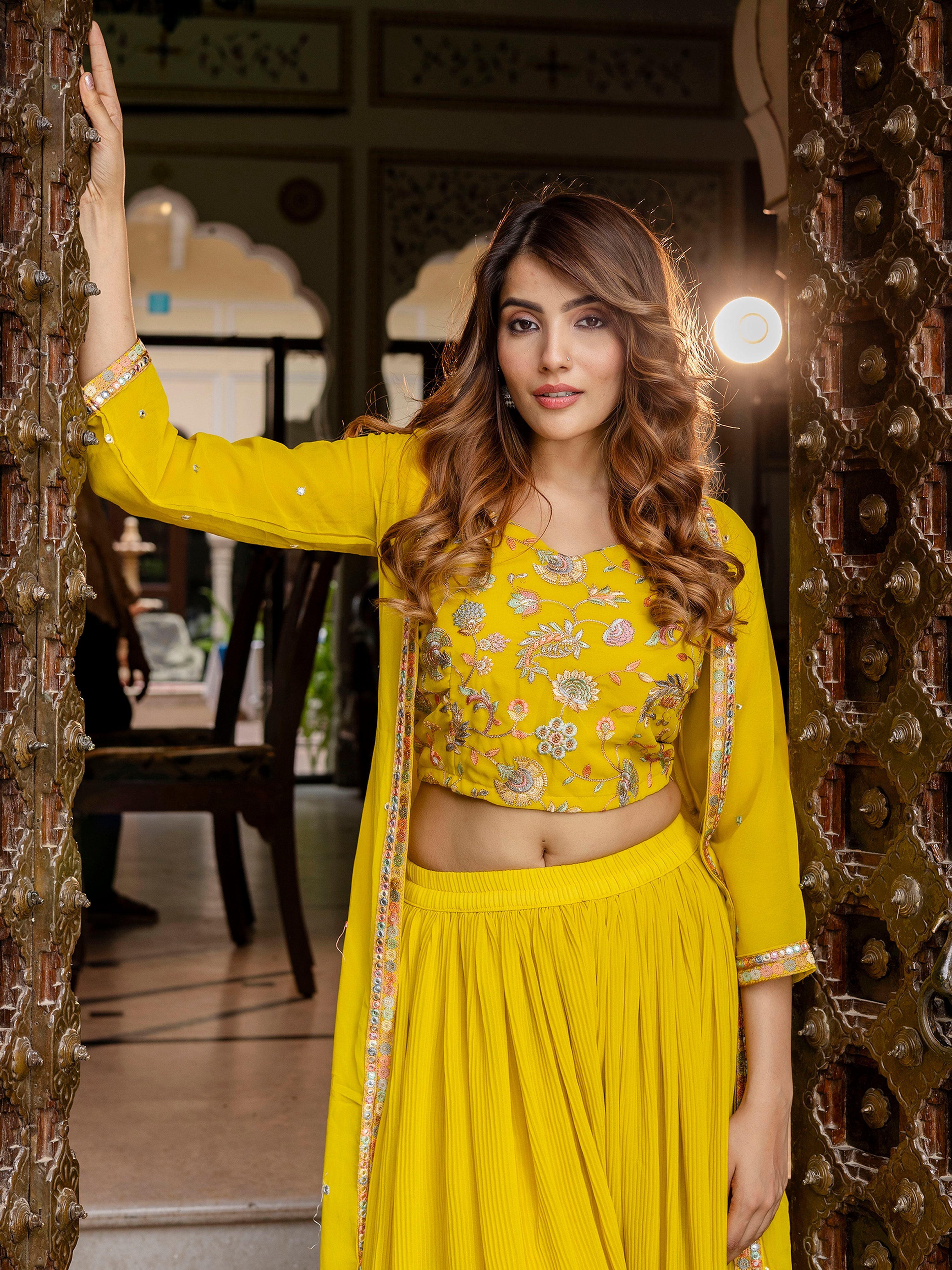 Women's Georgette Embroidery Crop Top with Flared Pleated Palazzo and Shrug Set Trendmallsin