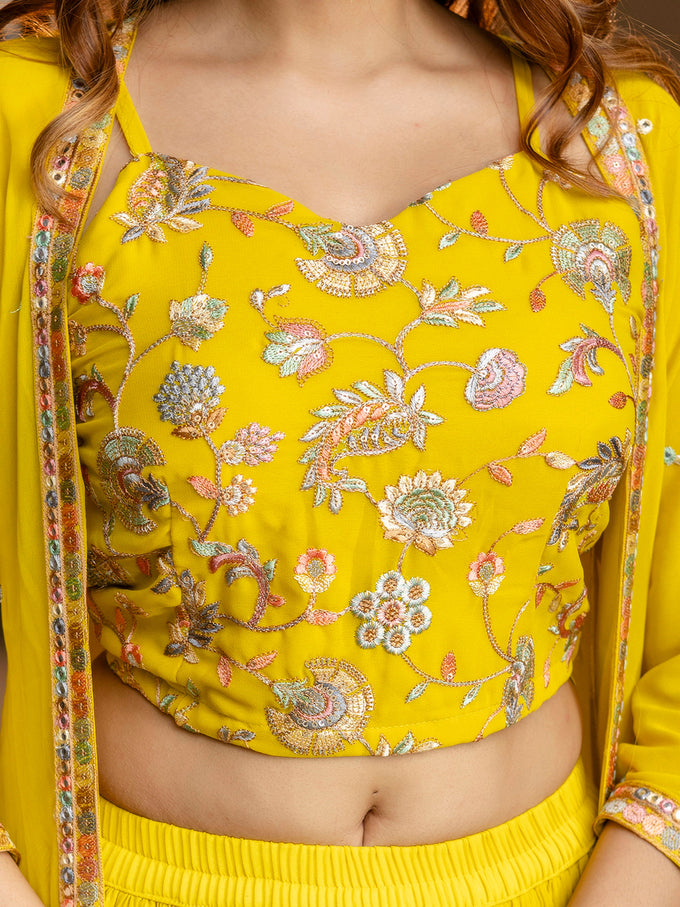 Women's Georgette Embroidery Crop Top with Flared Pleated Palazzo and Shrug Set Trendmallsin