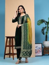 Green Velvet Embroidery Salwar Suit Set with Dupatta For Women's Trendmallsin