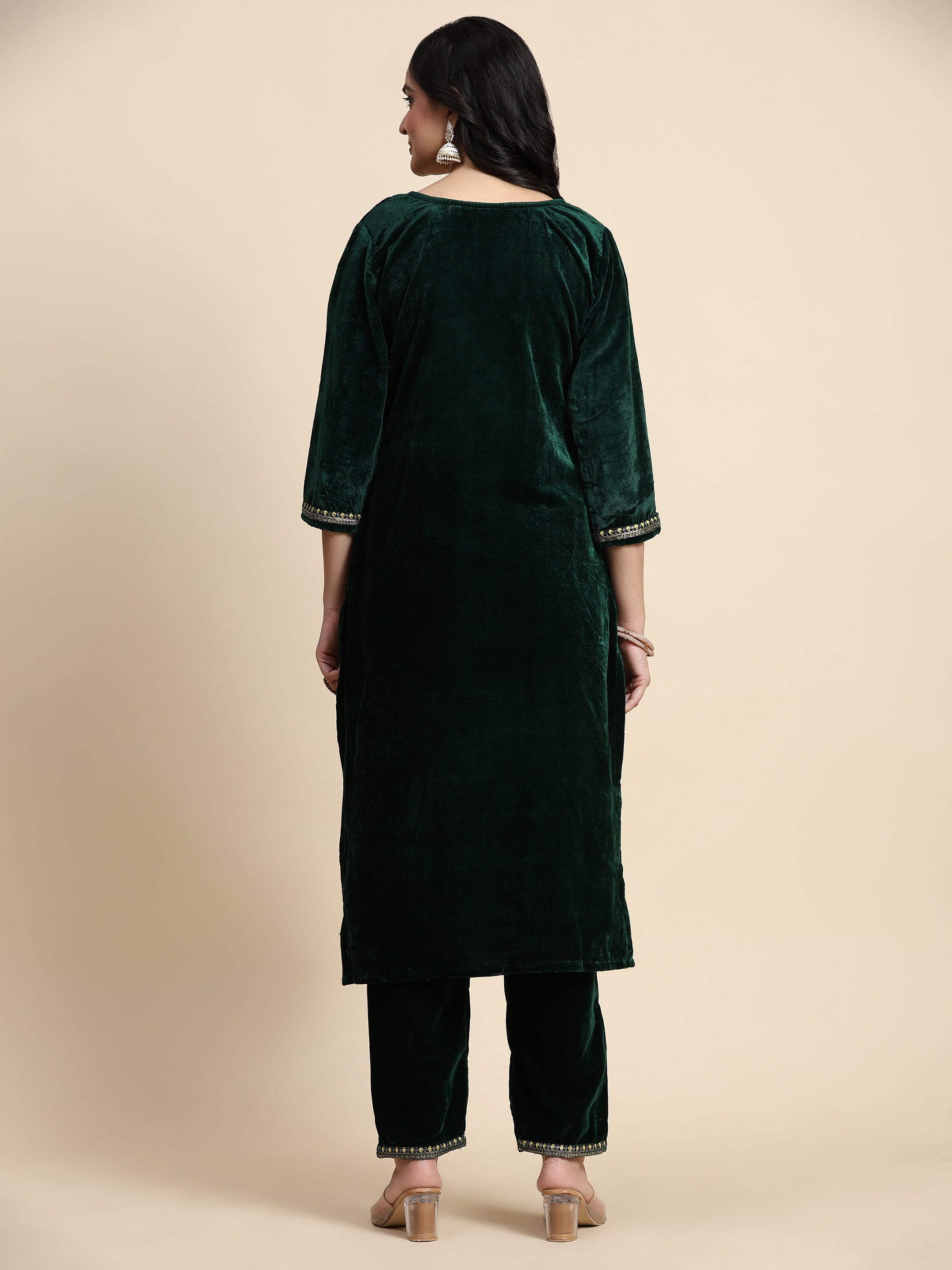 Green Velvet Embroidery Salwar Suit Set with Dupatta For Women's Trendmallsin