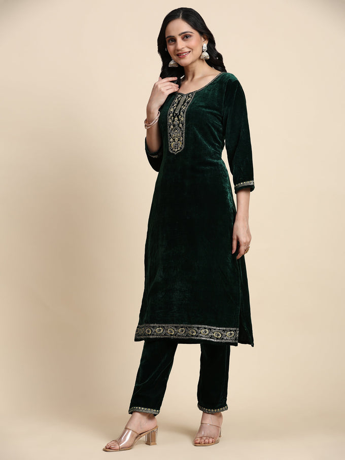 Green Velvet Embroidery Salwar Suit Set with Dupatta For Women's Trendmallsin