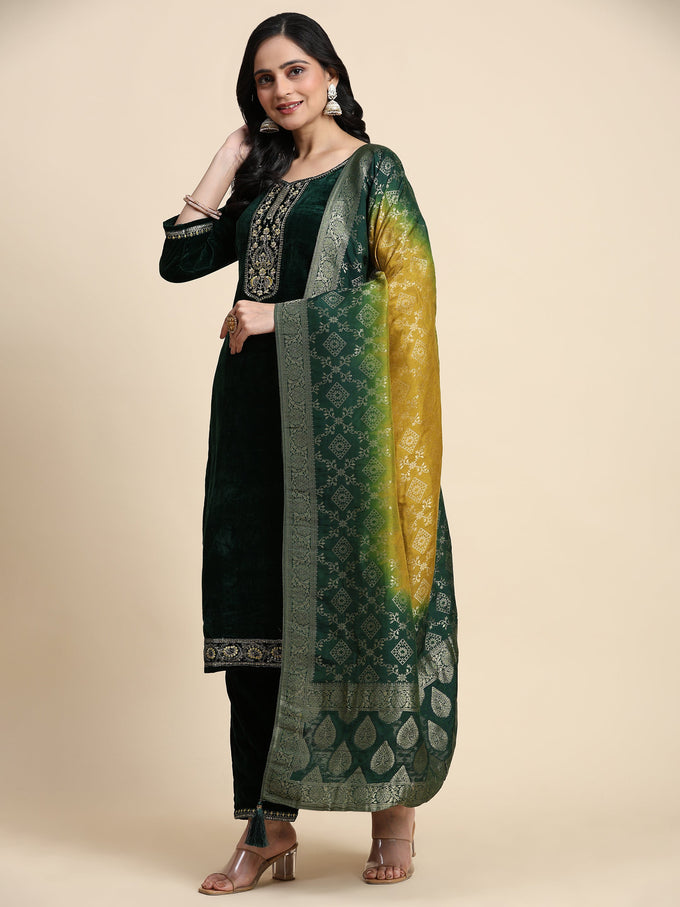 Green Velvet Embroidery Salwar Suit Set with Dupatta For Women's Trendmallsin