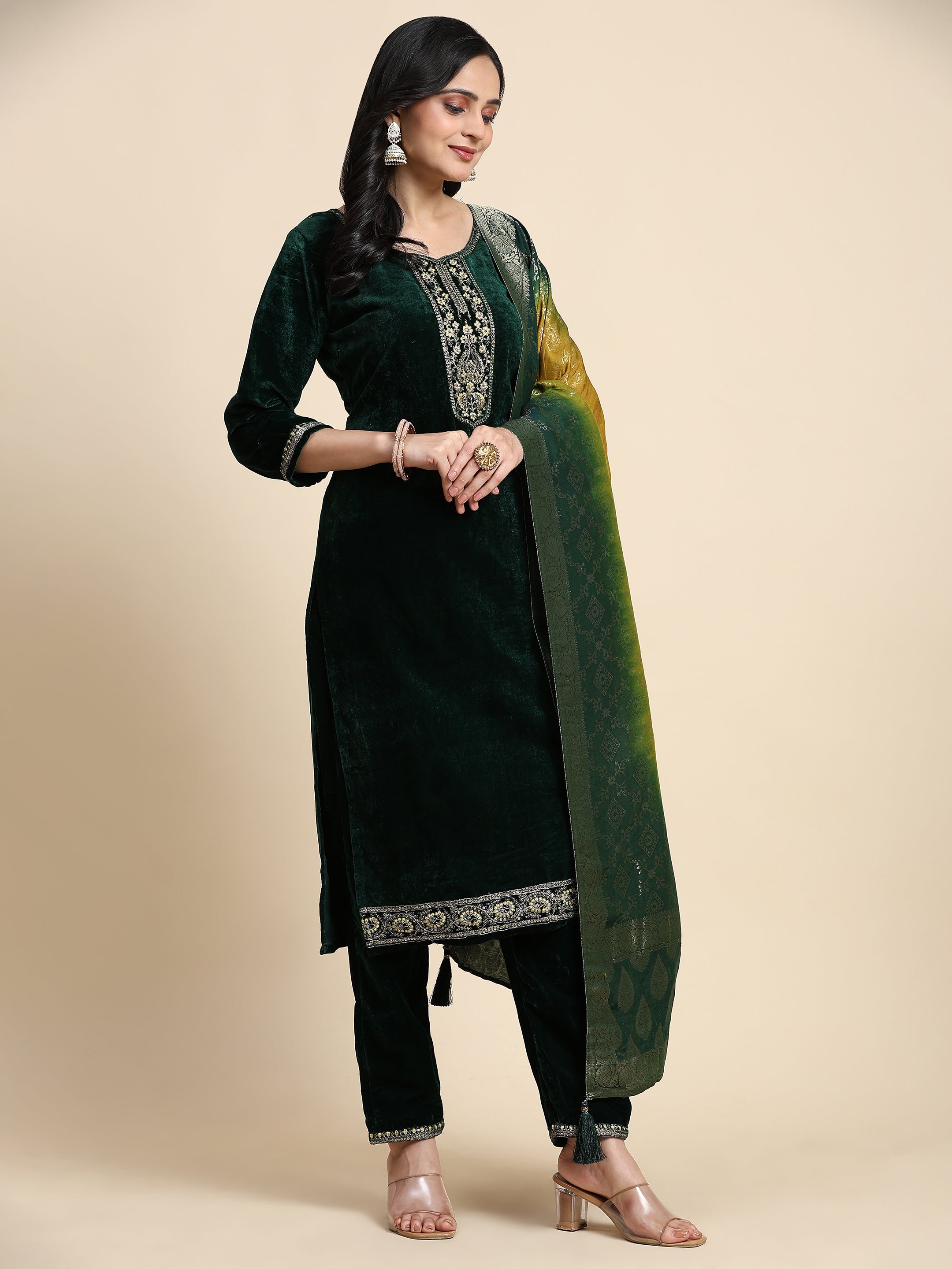 Green Velvet Embroidery Salwar Suit Set with Dupatta For Women's Trendmallsin