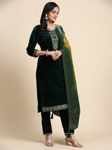 Green Velvet Embroidery Salwar Suit Set with Dupatta For Women's Trendmallsin