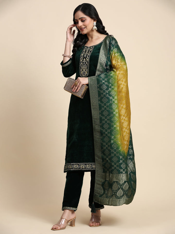 Green Velvet Embroidery Salwar Suit Set with Dupatta For Women's Trendmallsin