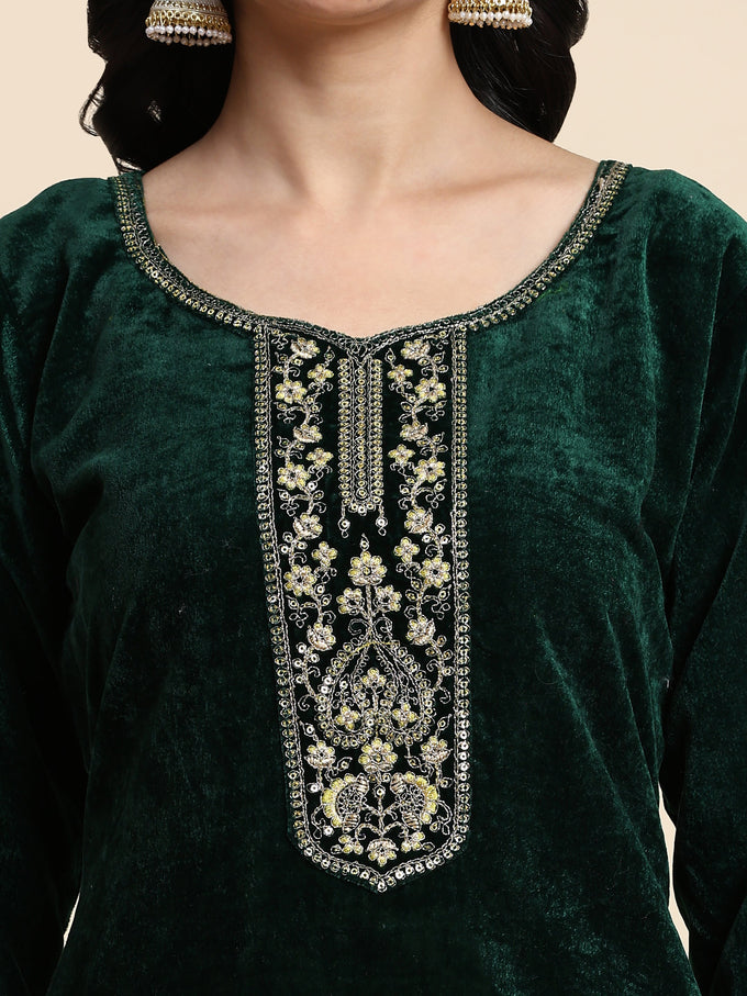 Green Velvet Embroidery Salwar Suit Set with Dupatta For Women's Trendmallsin