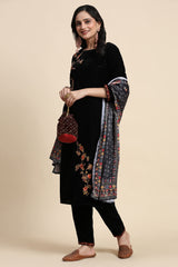 Black Velvet Embroidery Salwar Suit Set with Dupatta For Women's Trendmallsin