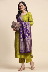 Lime Green Silk Embroidery Salwar Suit with Banarasi Dupatta For Women's Trendmallsin