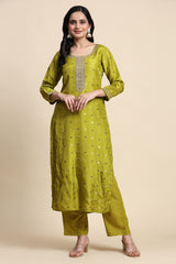 Lime Green Silk Embroidery Salwar Suit with Banarasi Dupatta For Women's Trendmallsin