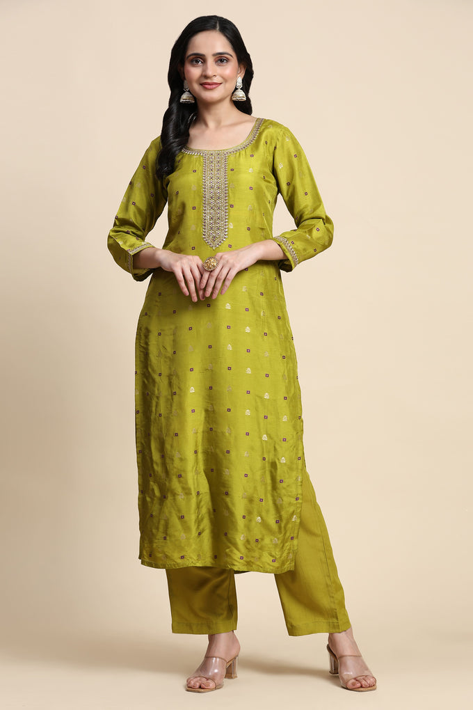 Lime Green Silk Embroidery Salwar Suit with Banarasi Dupatta For Women's Trendmallsin