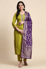 Lime Green Silk Embroidery Salwar Suit with Banarasi Dupatta For Women's Trendmallsin