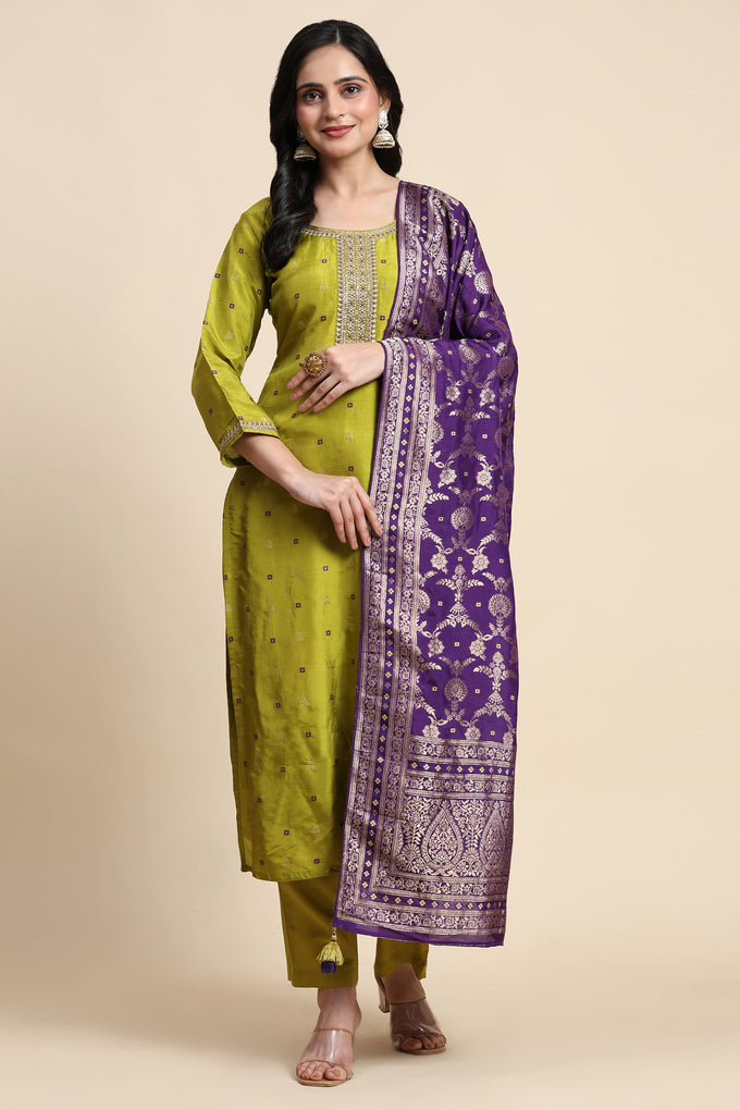 Lime Green Silk Embroidery Salwar Suit with Banarasi Dupatta For Women's Trendmallsin