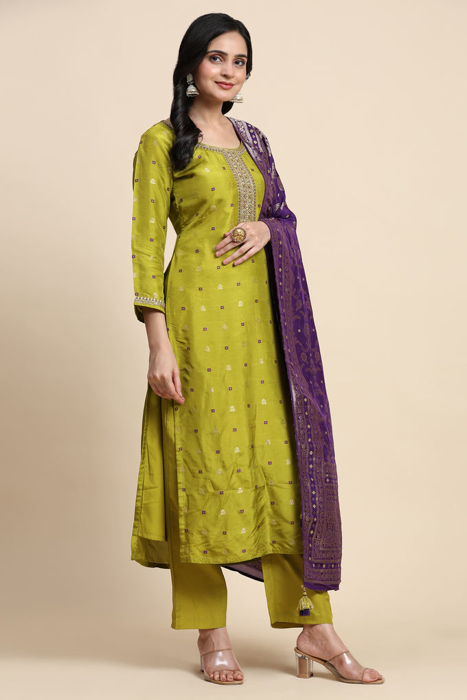Lime Green Silk Embroidery Salwar Suit with Banarasi Dupatta For Women's Trendmallsin
