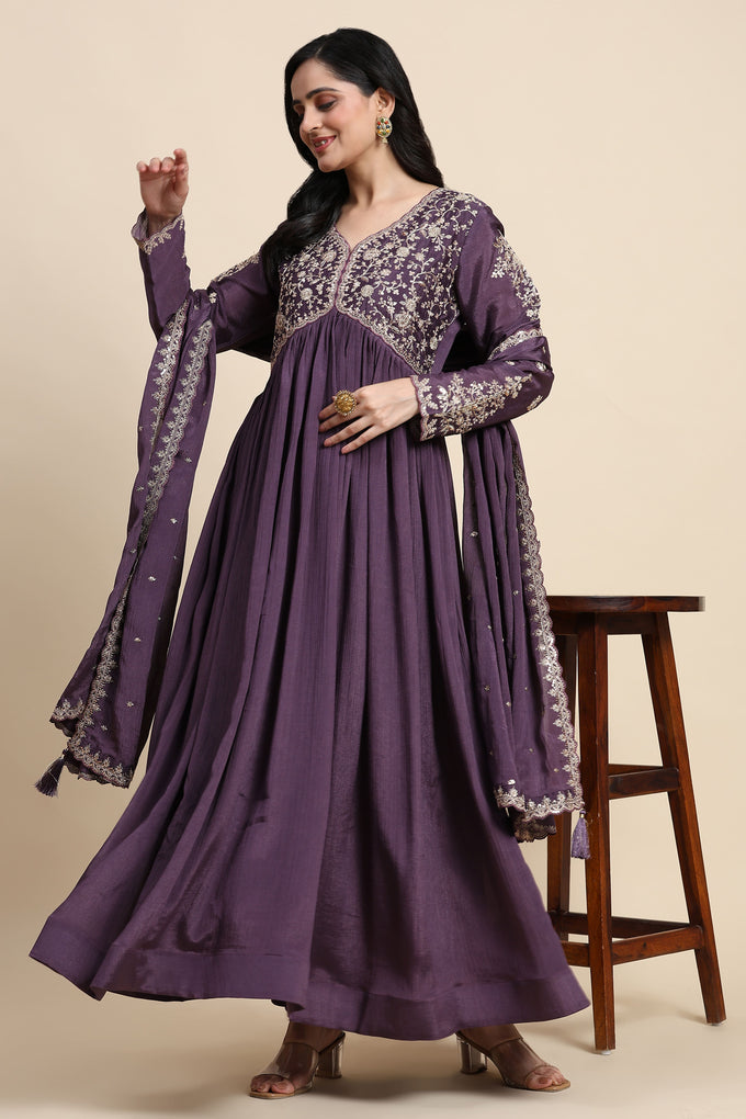 Purple Silk Blend Embroidery Alia Cut Salwar Suit Set with Dupatta For Women's Trendmallsin