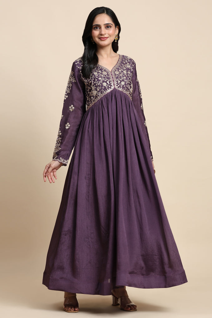 Purple Silk Blend Embroidery Alia Cut Salwar Suit Set with Dupatta For Women's Trendmallsin