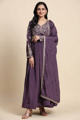 Purple Silk Blend Embroidery Alia Cut Salwar Suit Set with Dupatta For Women's Trendmallsin