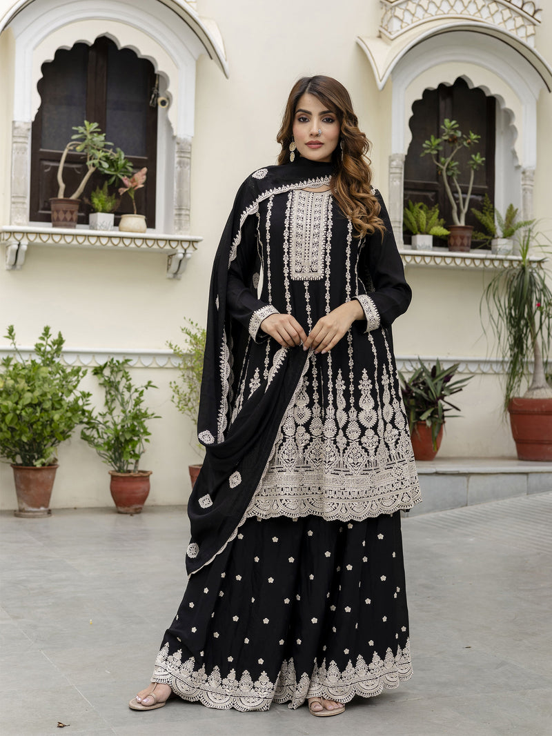 Black Art Silk Embroidery Salwar Suit Set with Dupatta For Women's Trendmalls