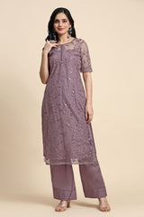 Women's Net Embroidery Sequence Work Kurta Palazzo Set with Dupatta Kurta Set for Women Trendmallsin