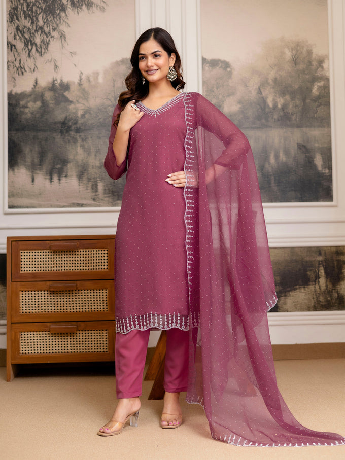 Pink Chiffon Siroski Zarkan Work Kurta Pant Set with Dupatta For Women's Trendmallsin