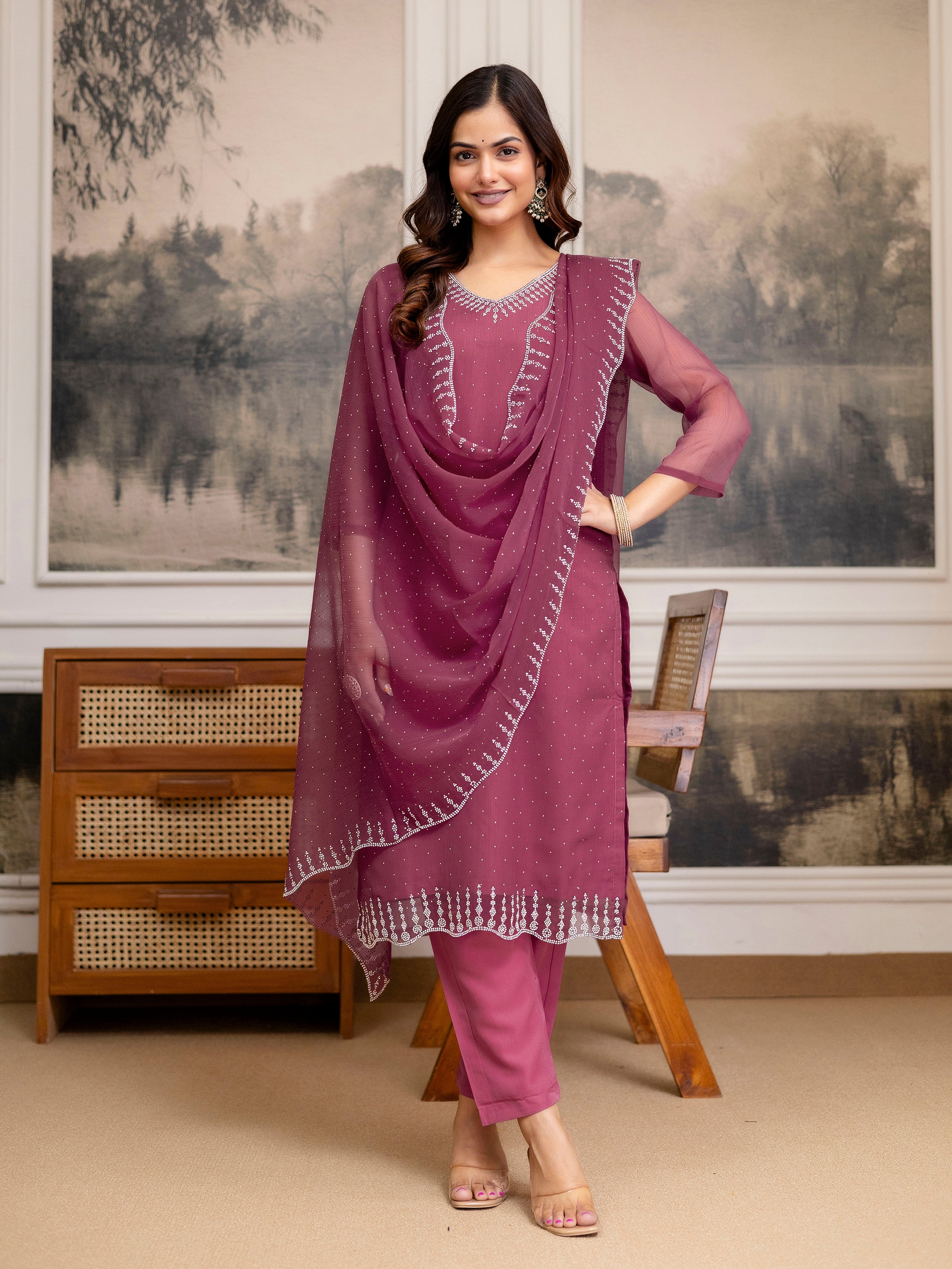 Pink Chiffon Siroski Zarkan Work Kurta Pant Set with Dupatta For Women's Trendmallsin