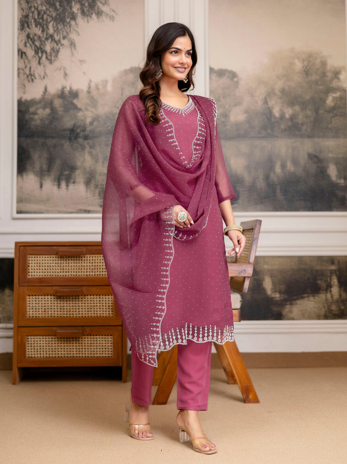 Pink Chiffon Siroski Zarkan Work Kurta Pant Set with Dupatta For Women's Trendmallsin