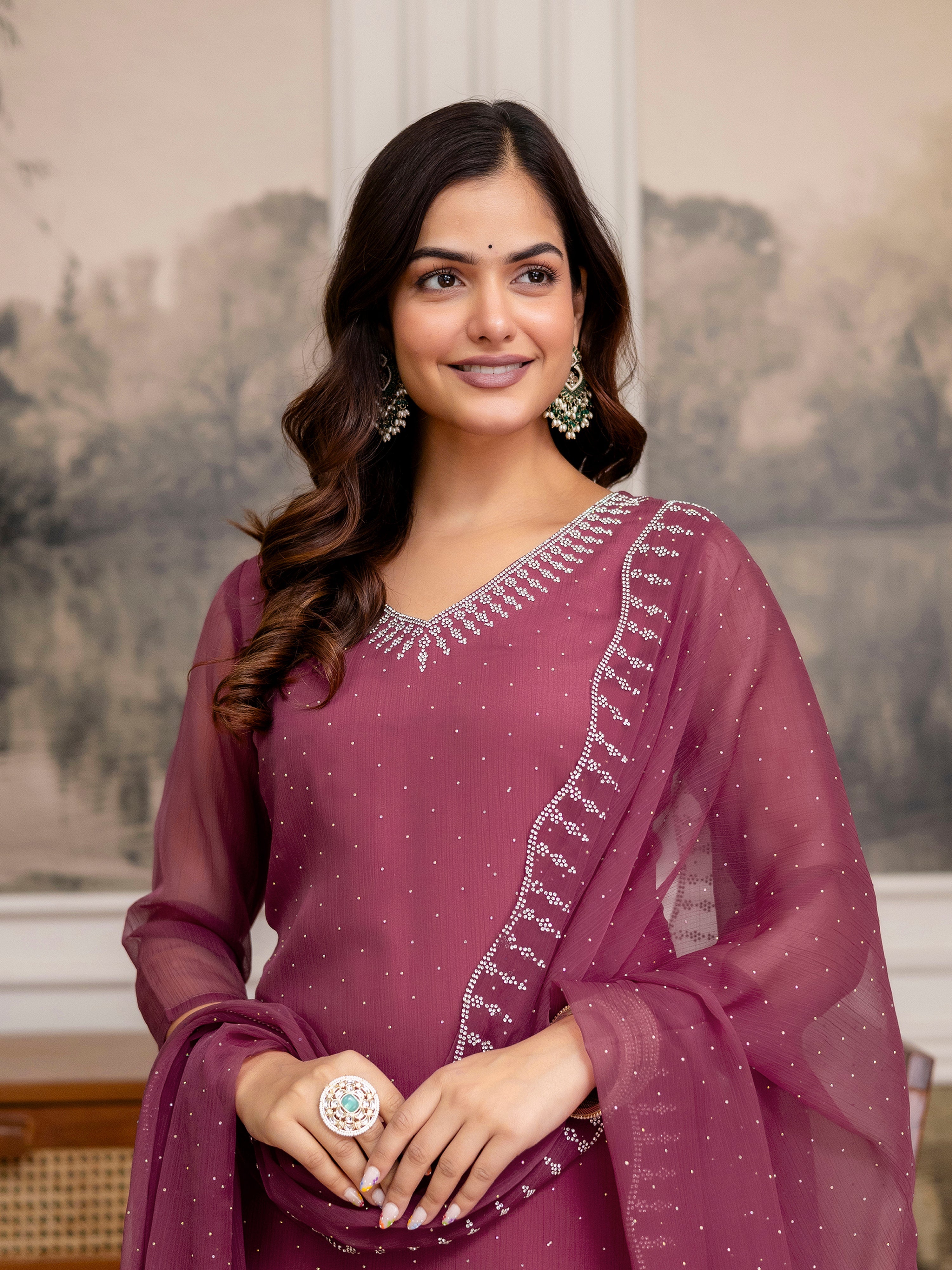 Pink Chiffon Siroski Zarkan Work Kurta Pant Set with Dupatta For Women's Trendmallsin