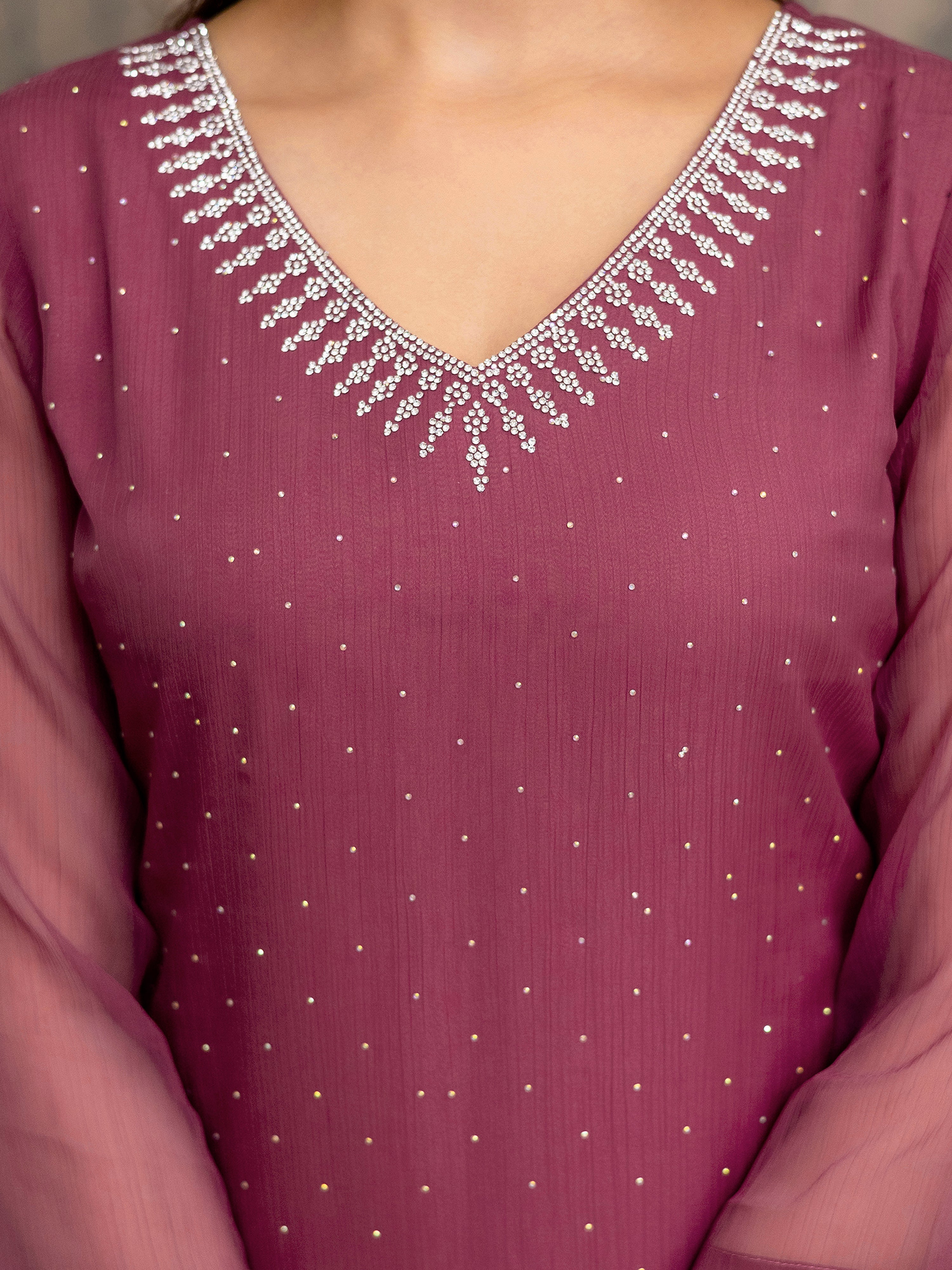 Pink Chiffon Siroski Zarkan Work Kurta Pant Set with Dupatta For Women's Trendmallsin