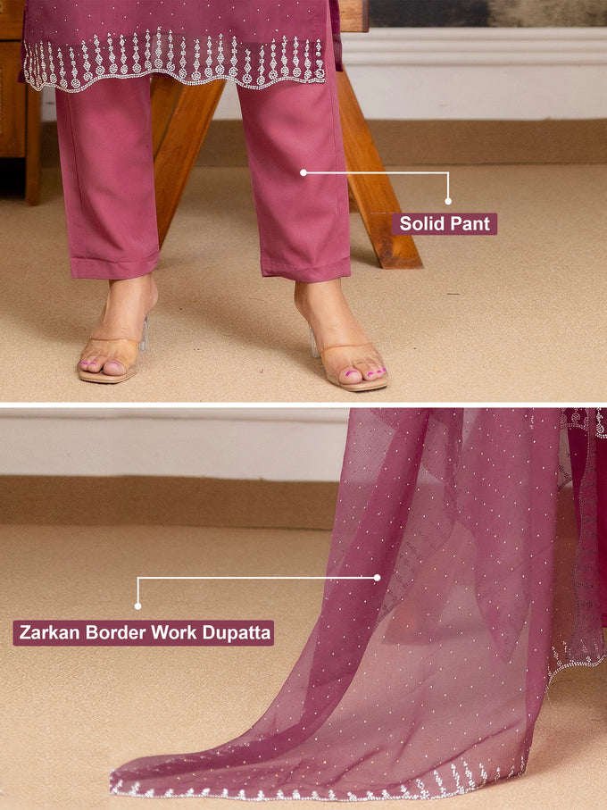 Pink Chiffon Siroski Zarkan Work Kurta Pant Set with Dupatta For Women's Trendmallsin
