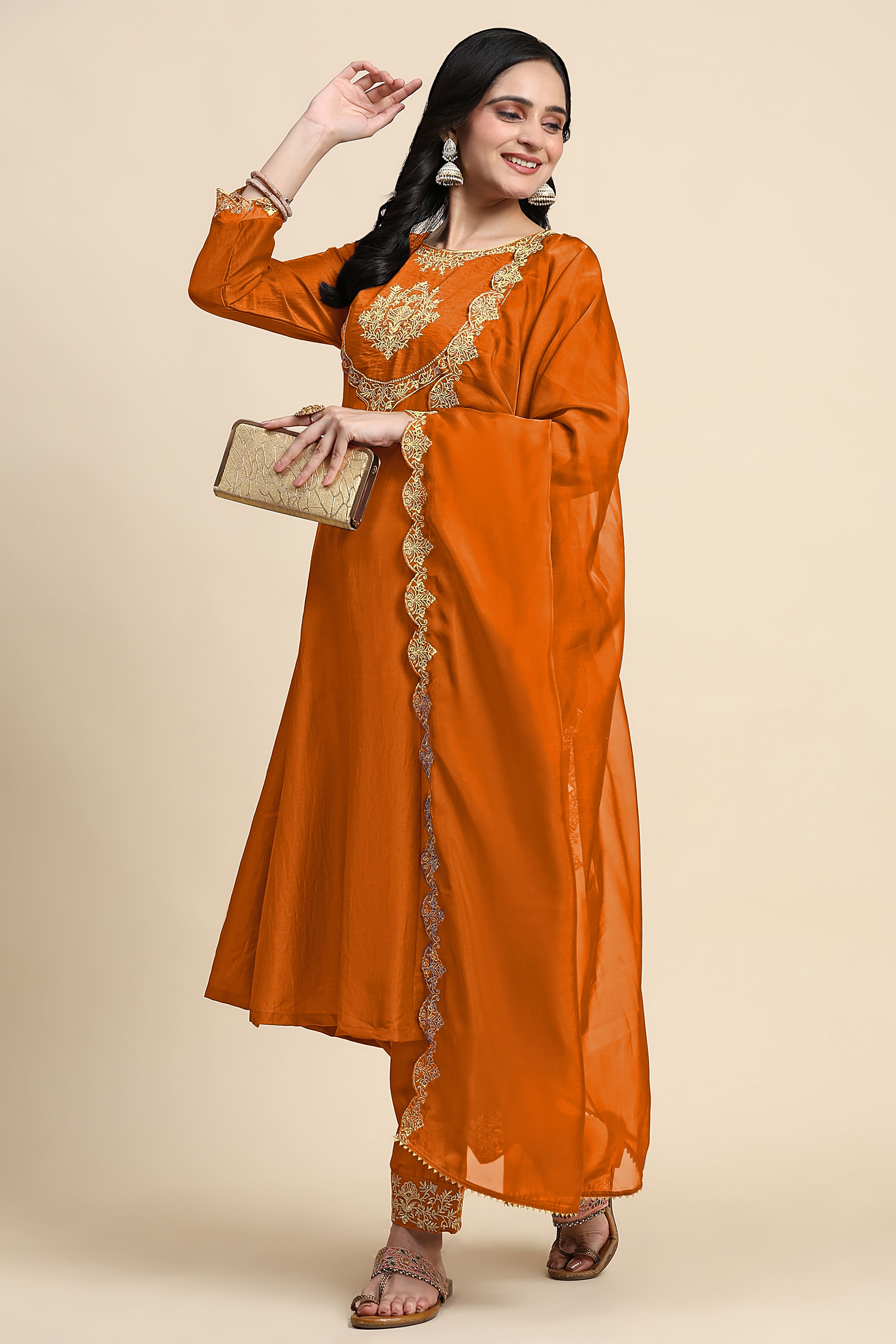 Orange Silk Blend Embroidery Anarkali Salwar Suit Set with Dupatta For Women's Trendmallsin