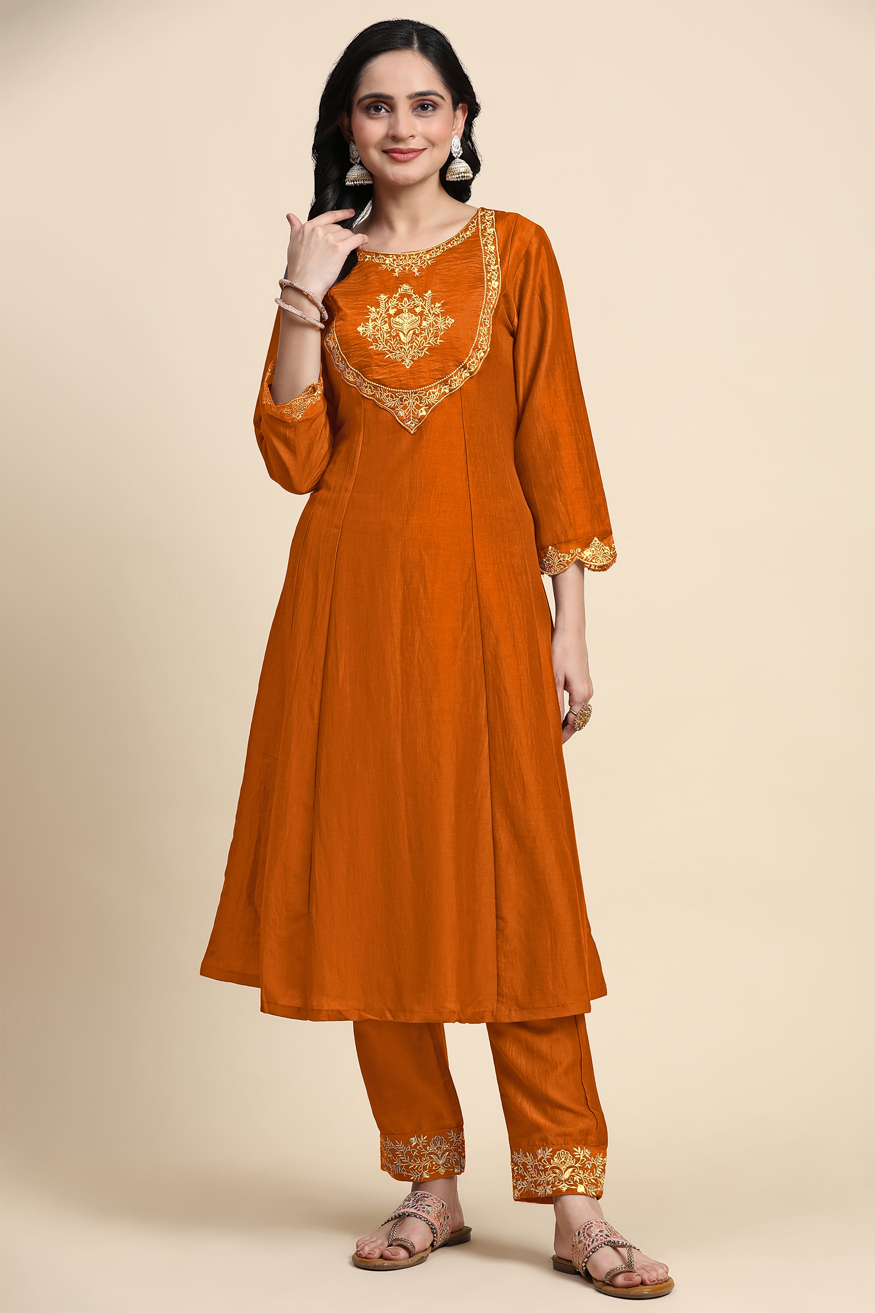 Orange Silk Blend Embroidery Anarkali Salwar Suit Set with Dupatta For Women's Trendmallsin