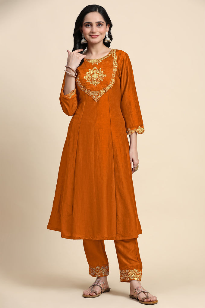 Orange Silk Blend Embroidery Anarkali Salwar Suit Set with Dupatta For Women's Trendmallsin