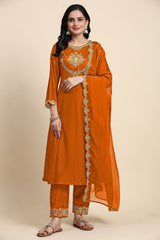 Orange Silk Blend Embroidery Anarkali Salwar Suit Set with Dupatta For Women's Trendmallsin