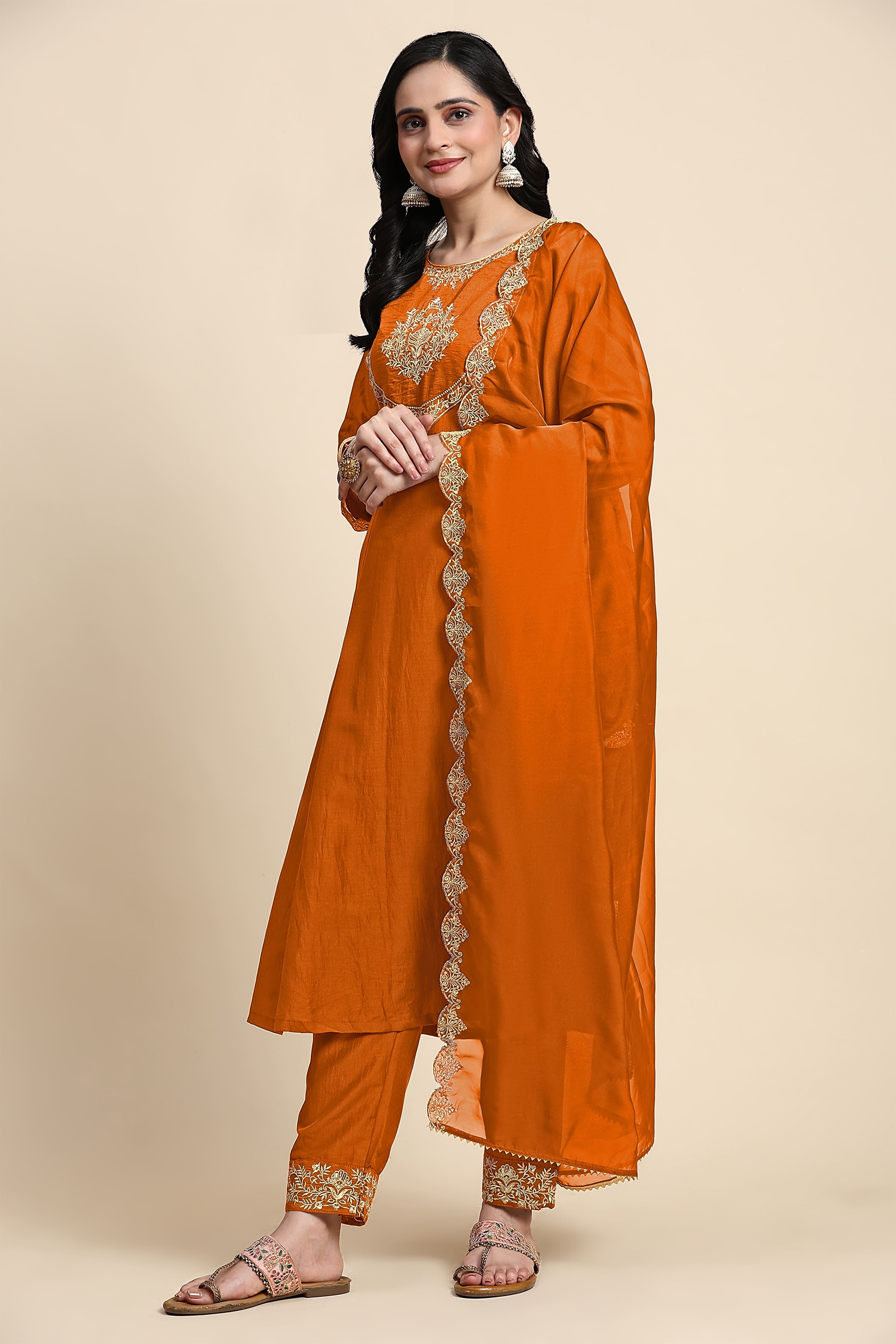 Orange Silk Blend Embroidery Anarkali Salwar Suit Set with Dupatta For Women's Trendmallsin