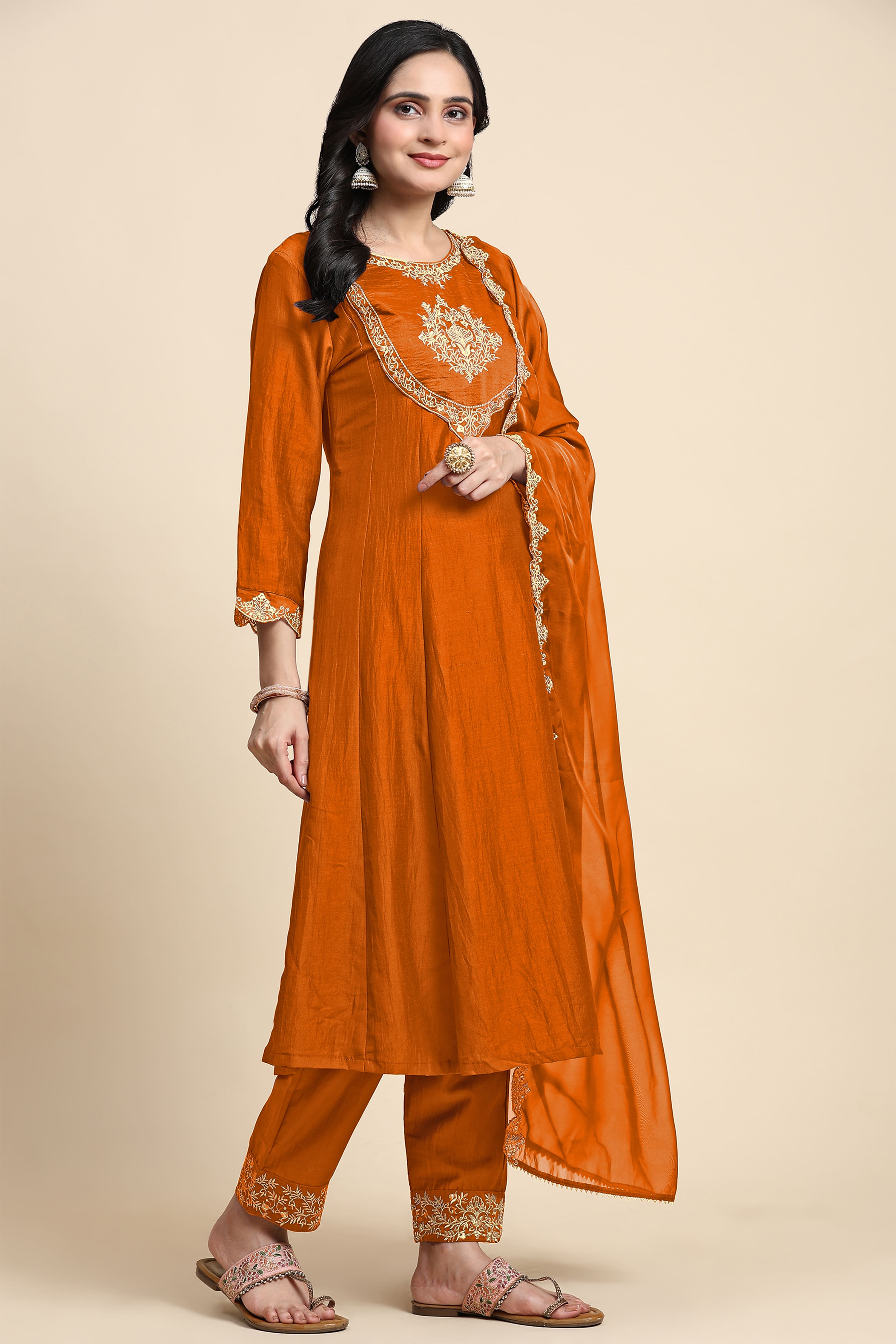 Orange Silk Blend Embroidery Anarkali Salwar Suit Set with Dupatta For Women's Trendmallsin