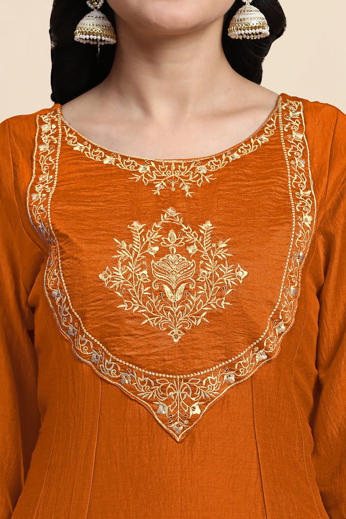 Orange Silk Blend Embroidery Anarkali Salwar Suit Set with Dupatta For Women's Trendmallsin