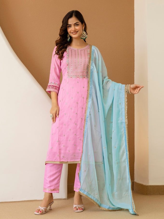 Light Pink Art Silk Embroidery work A line Kurta Pant Set with Dupatta For Women Trendmallsin