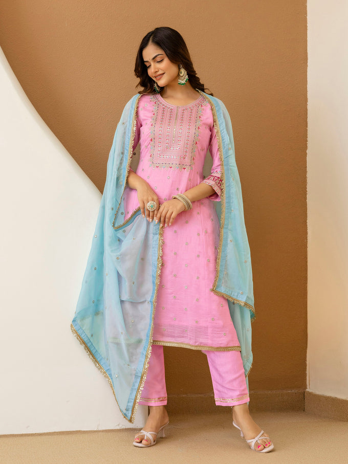 Light Pink Art Silk Embroidery work A line Kurta Pant Set with Dupatta For Women Trendmallsin