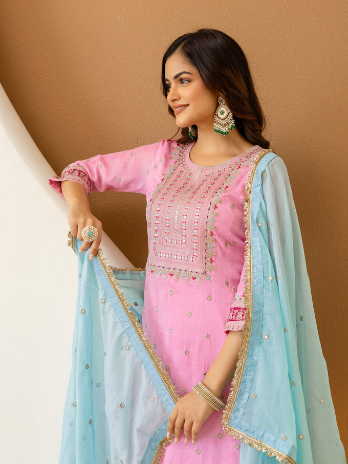 Light Pink Art Silk Embroidery work A line Kurta Pant Set with Dupatta For Women Trendmallsin