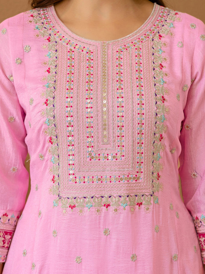 Light Pink Art Silk Embroidery work A line Kurta Pant Set with Dupatta For Women Trendmallsin