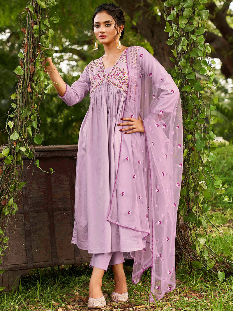 Purple Chanderi Silk Embroidery A line Alia Cut Salwar Suit Set with Dupatta For Women's Trendmallsin