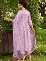 Purple Chanderi Silk Embroidery A line Alia Cut Salwar Suit Set with Dupatta For Women's Trendmallsin