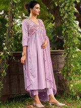 Purple Chanderi Silk Embroidery A line Alia Cut Salwar Suit Set with Dupatta For Women's Trendmallsin