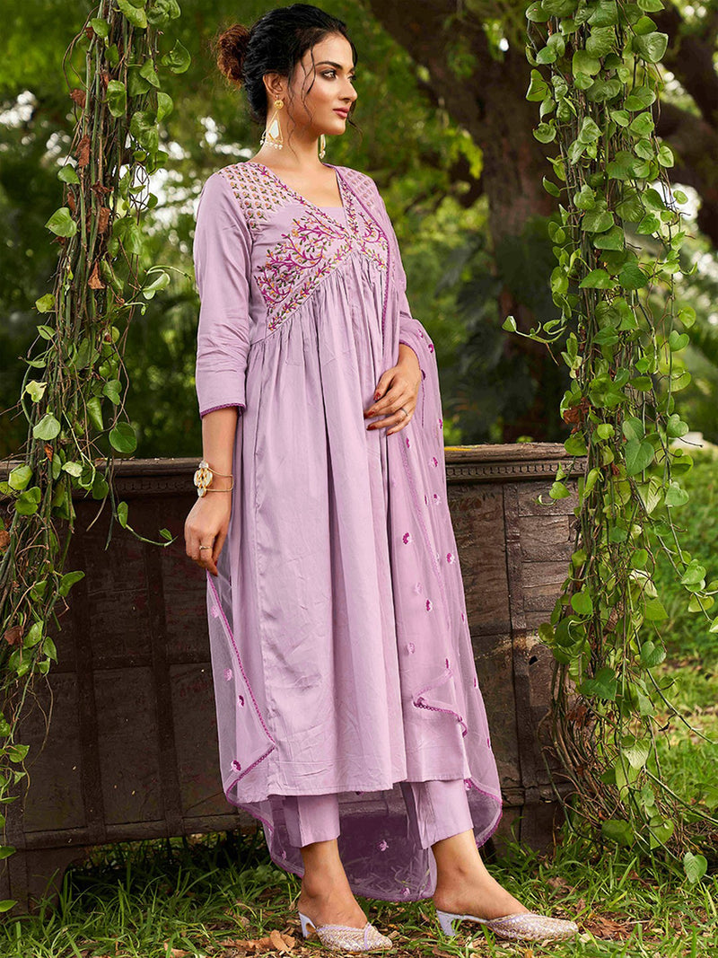 Purple Chanderi Silk Embroidery A line Alia Cut Salwar Suit Set with Dupatta For Women's Trendmallsin