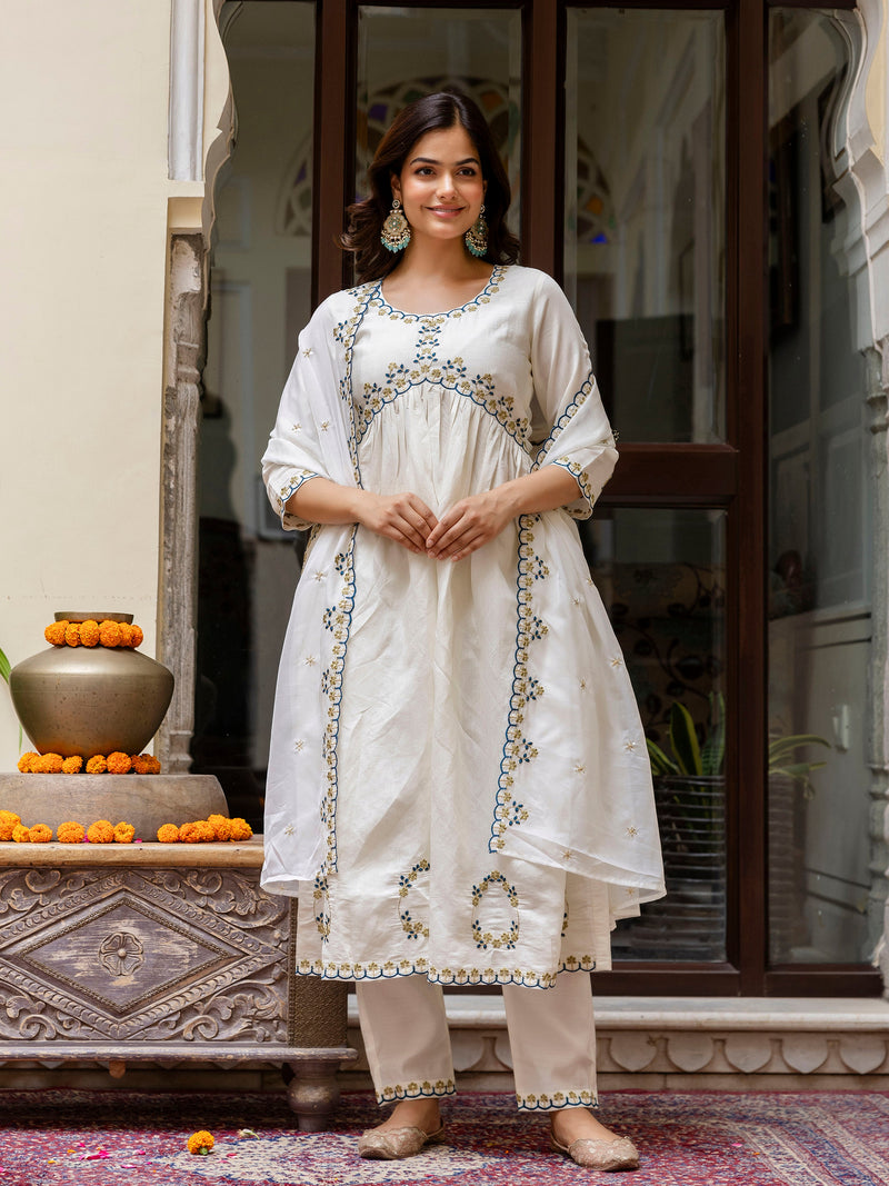 White Chanderi Silk Embroidery A line Alia Cut Salwar Suit Set  with Dupatta For Women's Trendmallsin