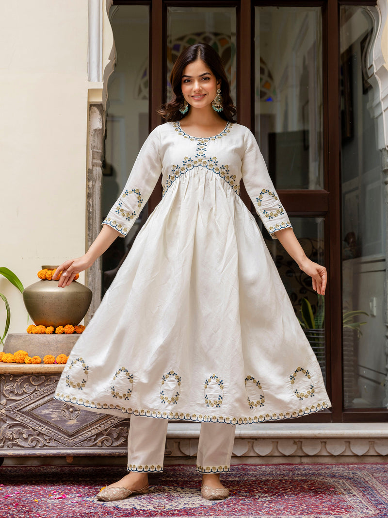 White Chanderi Silk Embroidery A line Alia Cut Salwar Suit Set  with Dupatta For Women's Trendmallsin