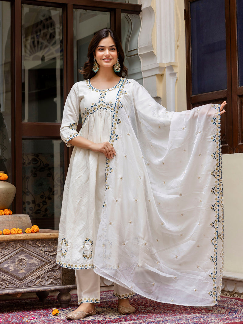 White Chanderi Silk Embroidery A line Alia Cut Salwar Suit Set  with Dupatta For Women's Trendmallsin